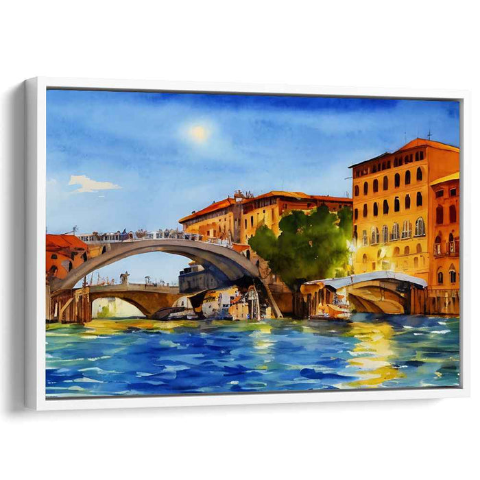 Sunlit Canal: Vibrant European Cityscape Watercolor Art Print