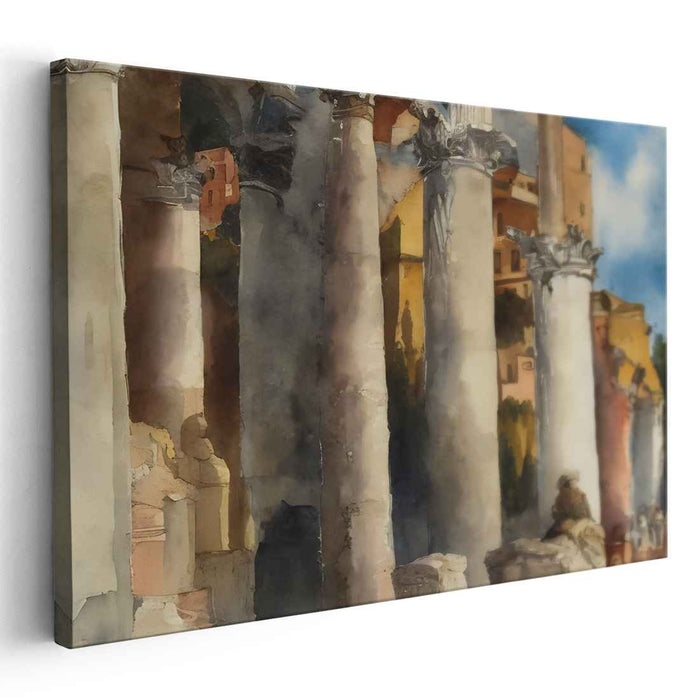 Fading Echoes Among Grandeur: Watercolor Roman Ruins with Majestic Columns