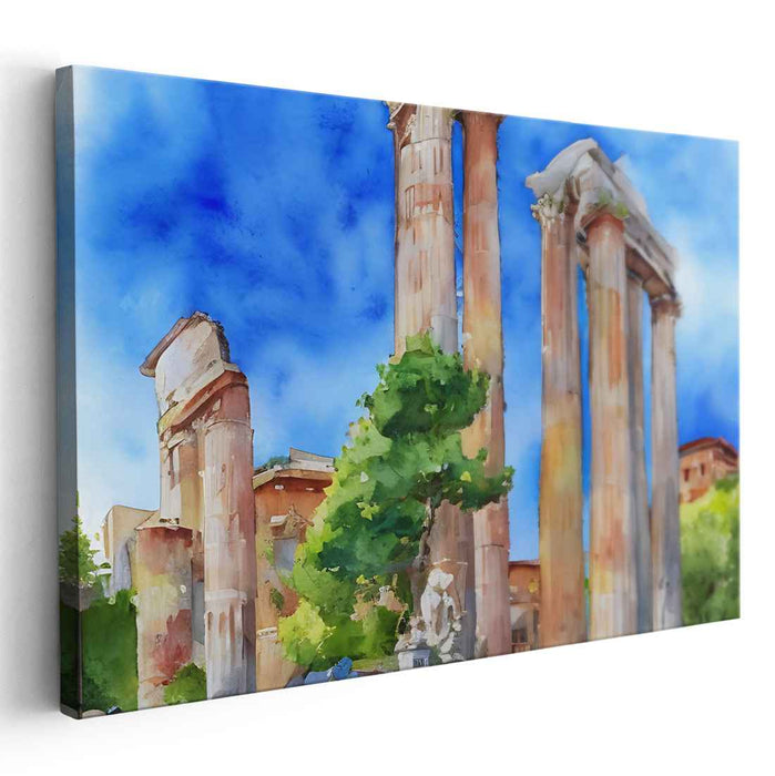Faded Empire Echoes: Watercolor Roman Ruins Canvas Art Print