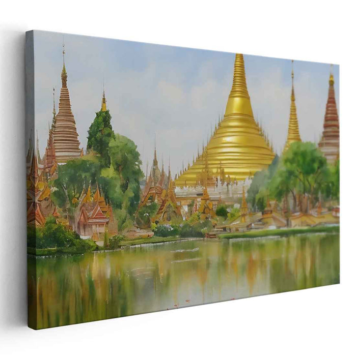 Zen Garden Mists Whisper: Serene Temple Reflections Landscape Canvas Art