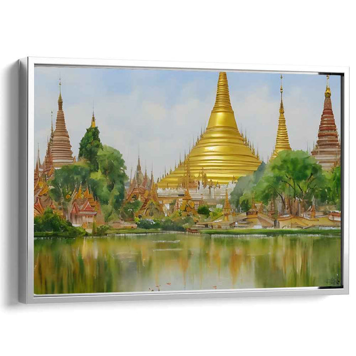 Zen Garden Mists Whisper: Serene Temple Reflections Landscape Canvas Art