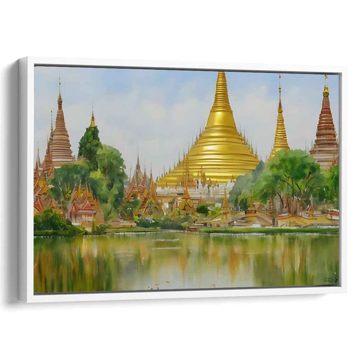 Zen Garden Mists Whisper: Serene Temple Reflections Landscape Canvas Art
