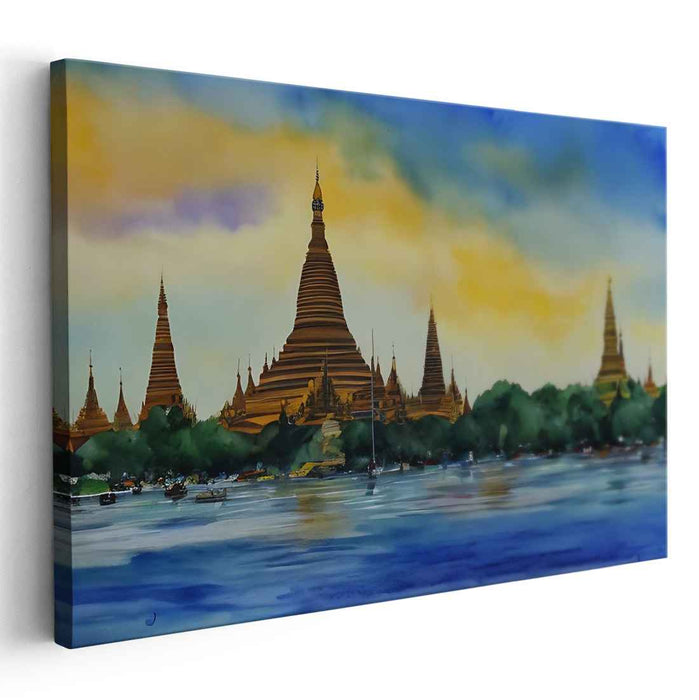 Golden Spires at Sunset: Enchanting River Landscape Canvas Art