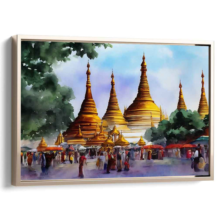 Golden Pagoda Market: Vibrant Watercolor Impressionist Canvas Art Print