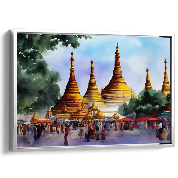 Golden Pagoda Market: Vibrant Watercolor Impressionist Canvas Art Print