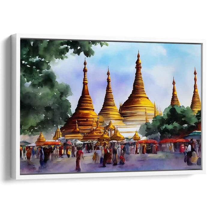 Golden Pagoda Market: Vibrant Watercolor Impressionist Canvas Art Print