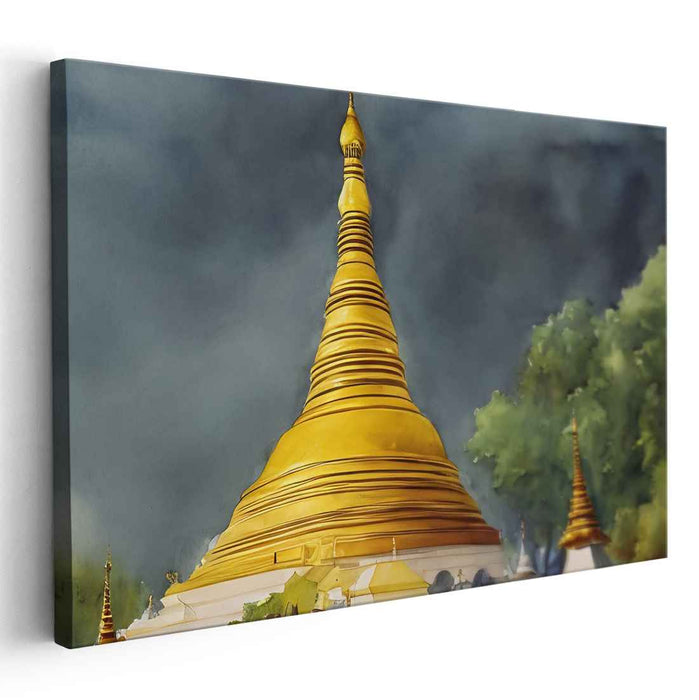 Tempestuous Tranquility Revealed: Majestic Pagoda Against a Stormy Sky Canvas Art Print