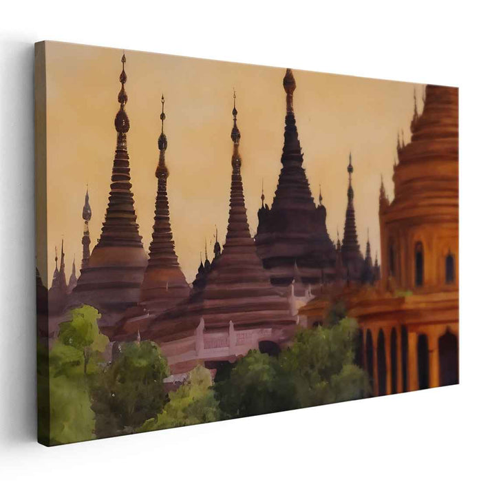 Mystic Breeze Whispers Gold: Golden Pagodas of Myanmar Canvas Art