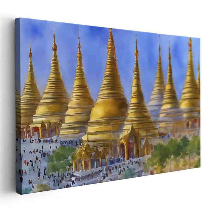 Celestial Spire Dance: Shimmering Stupas in a Serene Sky Canvas Art Print