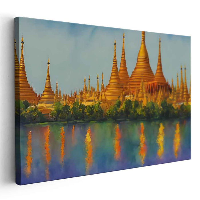 Ethereal Reflections Dance Quietly: Majestic Pagodas Reflecting in Serene Waters Canvas Art Print