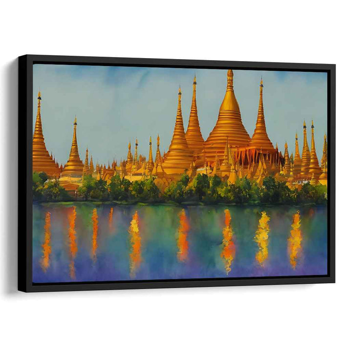 Ethereal Reflections Dance Quietly: Majestic Pagodas Reflecting in Serene Waters Canvas Art Print