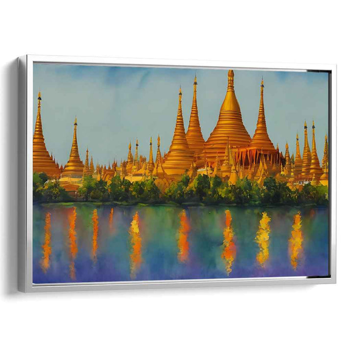 Ethereal Reflections Dance Quietly: Majestic Pagodas Reflecting in Serene Waters Canvas Art Print