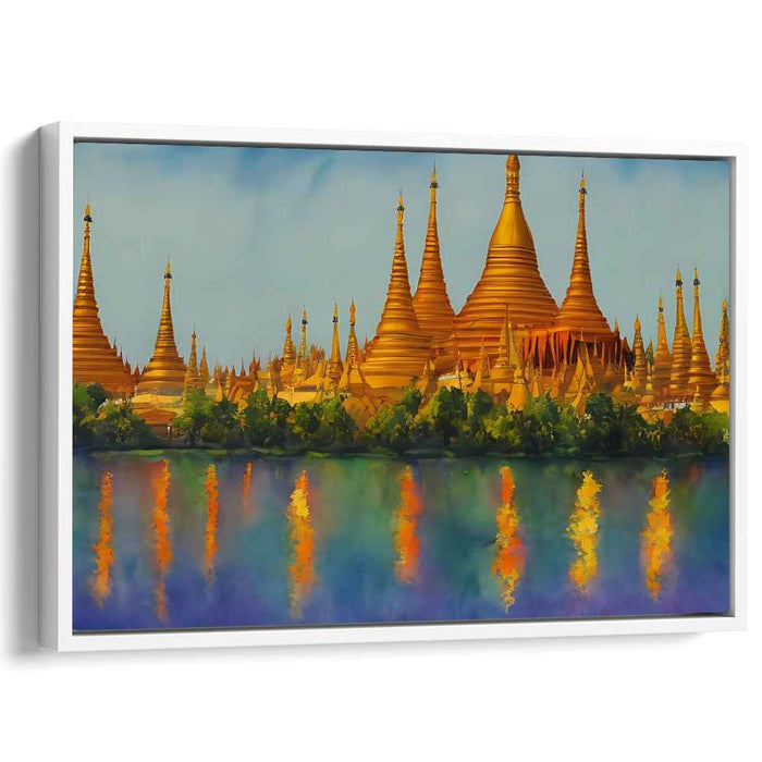 Ethereal Reflections Dance Quietly: Majestic Pagodas Reflecting in Serene Waters Canvas Art Print
