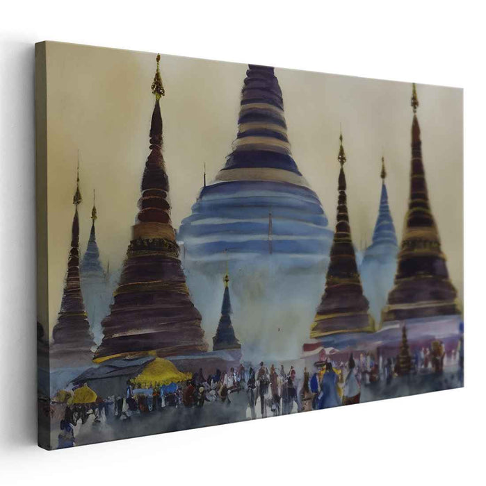 Ethereal Pagodas: Watercolor Market Scene with Ancient Towers