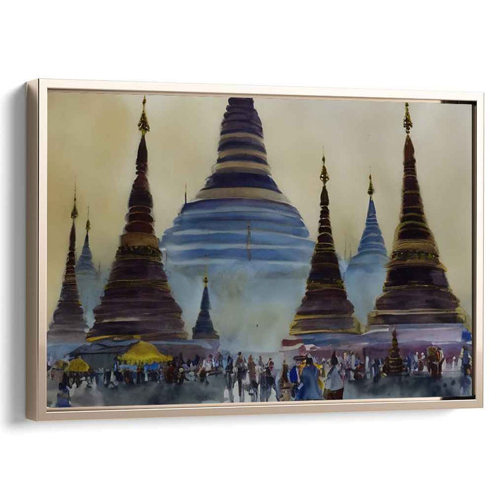 Ethereal Pagodas: Watercolor Market Scene with Ancient Towers