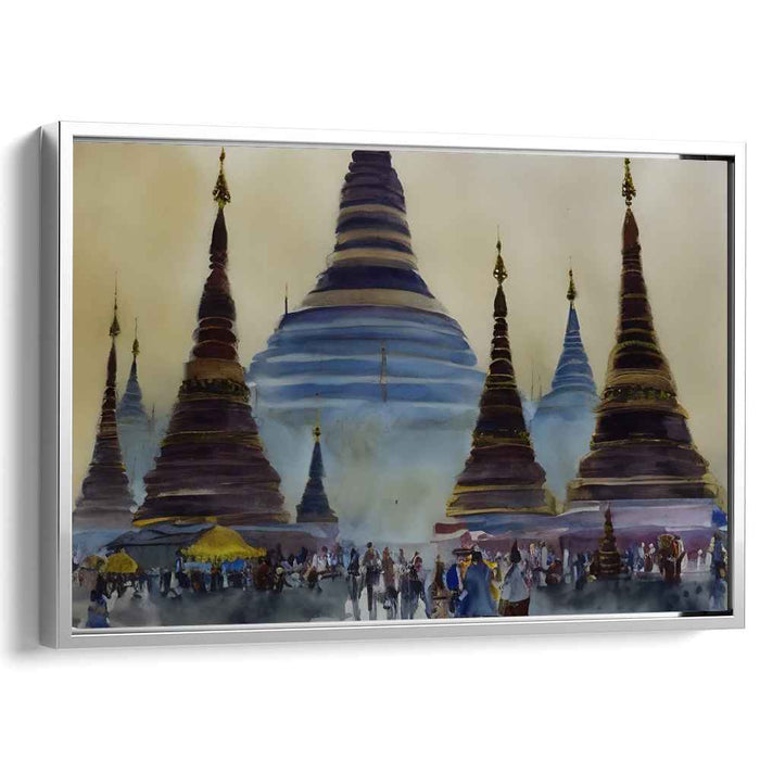Ethereal Pagodas: Watercolor Market Scene with Ancient Towers