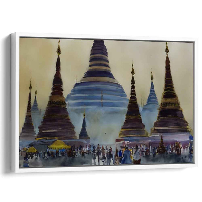 Ethereal Pagodas: Watercolor Market Scene with Ancient Towers