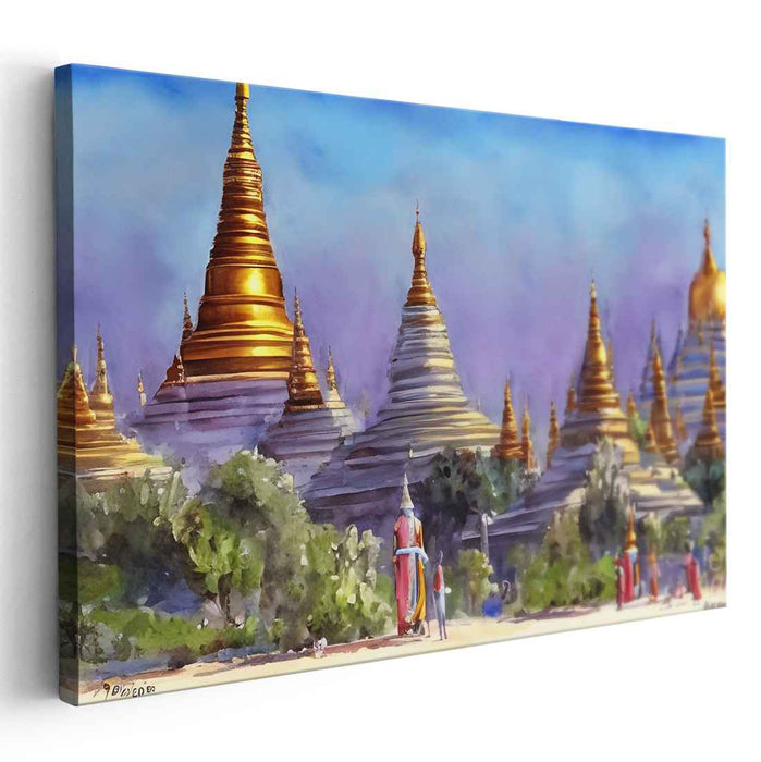 Mystic Temples Dance in Rain: Captivating Southeast Asian Temple Complex Watercolor Art