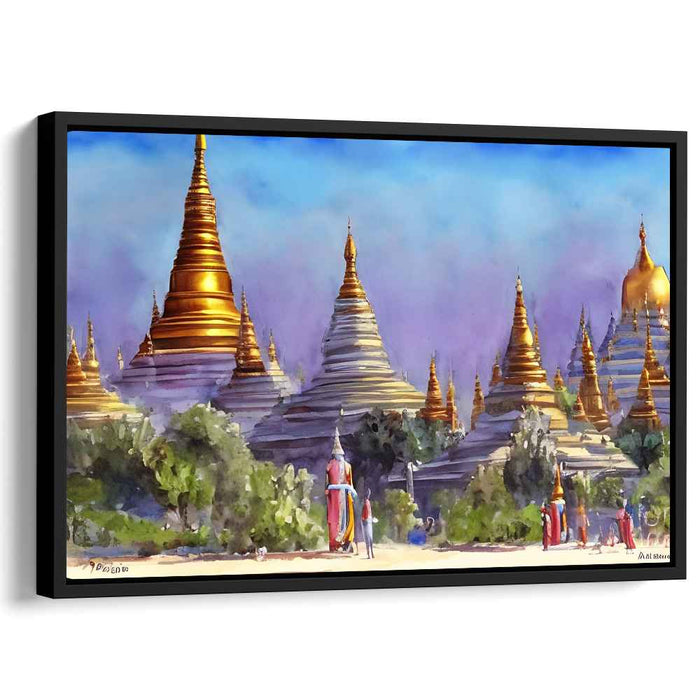 Mystic Temples Dance in Rain: Captivating Southeast Asian Temple Complex Watercolor Art