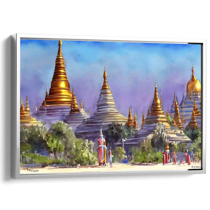 Mystic Temples Dance in Rain: Captivating Southeast Asian Temple Complex Watercolor Art