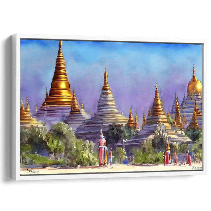 Mystic Temples Dance in Rain: Captivating Southeast Asian Temple Complex Watercolor Art