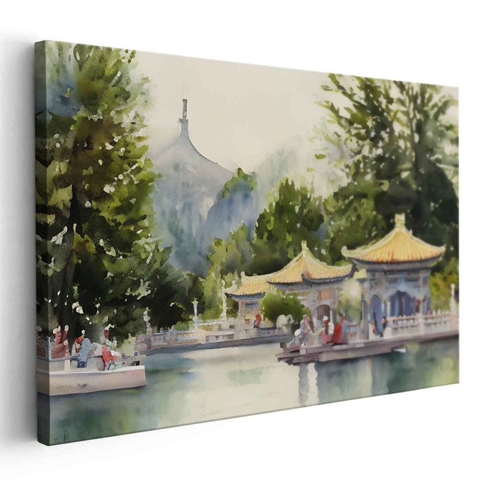 Tranquil Shrine Glaze Scene: Serene Temple Watercolor Landscape