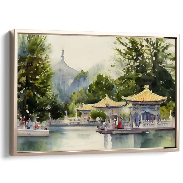 Tranquil Shrine Glaze Scene: Serene Temple Watercolor Landscape