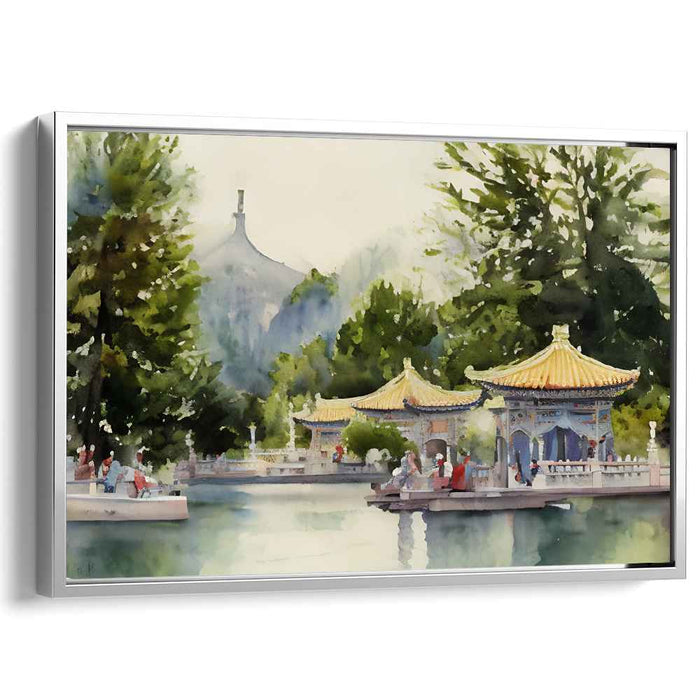 Tranquil Shrine Glaze Scene: Serene Temple Watercolor Landscape