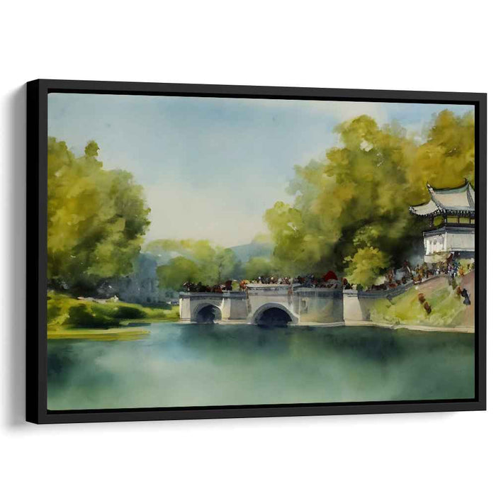 Tranquil Archway Haven: Serene Watercolor Landscape with Stone Bridge and Pavilion