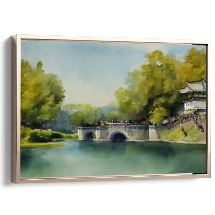 Tranquil Archway Haven: Serene Watercolor Landscape with Stone Bridge and Pavilion