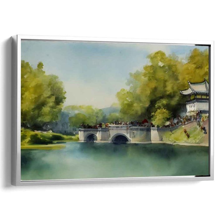 Tranquil Archway Haven: Serene Watercolor Landscape with Stone Bridge and Pavilion