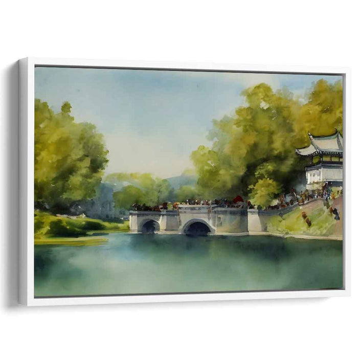 Tranquil Archway Haven: Serene Watercolor Landscape with Stone Bridge and Pavilion