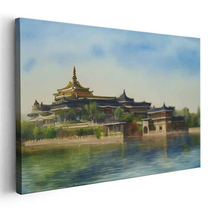Temple Tranquility: Serene Waterfront Temple Canvas Art Print