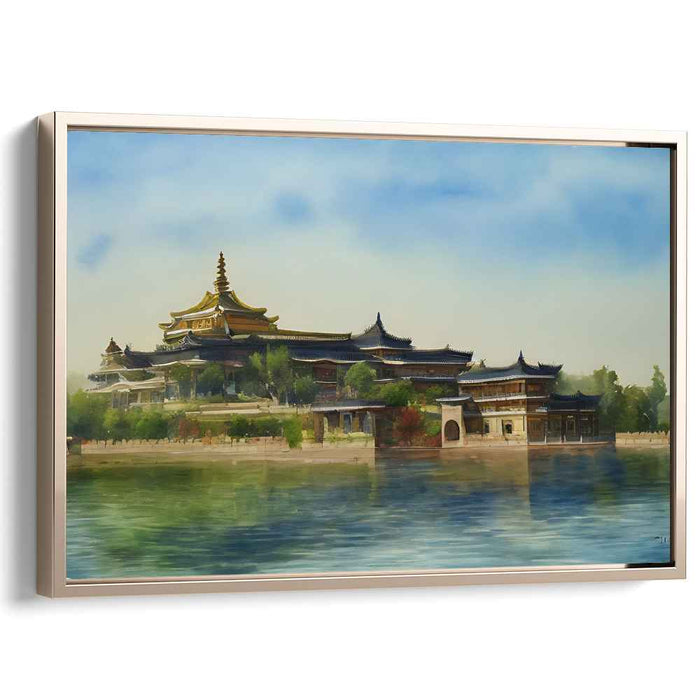 Temple Tranquility: Serene Waterfront Temple Canvas Art Print