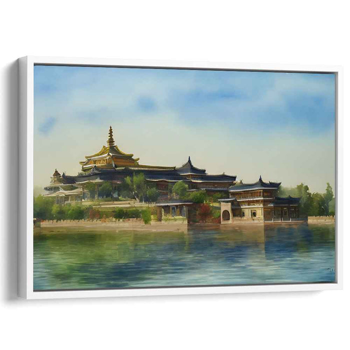 Temple Tranquility: Serene Waterfront Temple Canvas Art Print