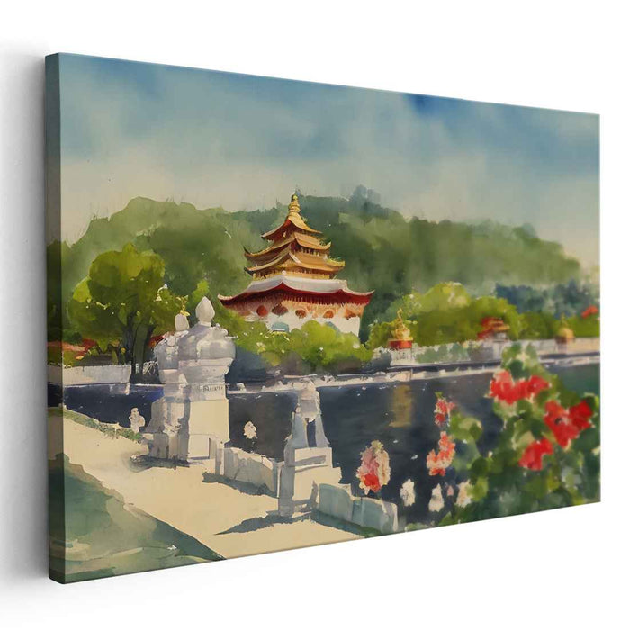 Silent Zen Gardens: Traditional Eastern Temple amidst Lush Landscapes Watercolor Art
