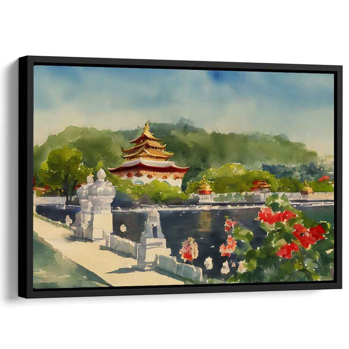 Silent Zen Gardens: Traditional Eastern Temple amidst Lush Landscapes Watercolor Art