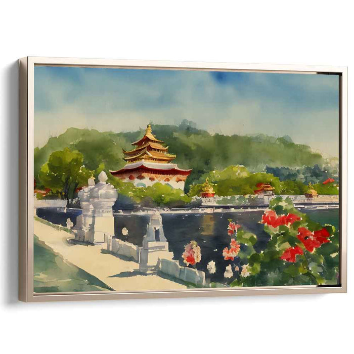 Silent Zen Gardens: Traditional Eastern Temple amidst Lush Landscapes Watercolor Art