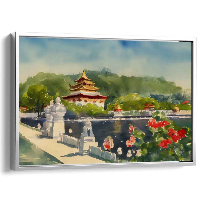 Silent Zen Gardens: Traditional Eastern Temple amidst Lush Landscapes Watercolor Art