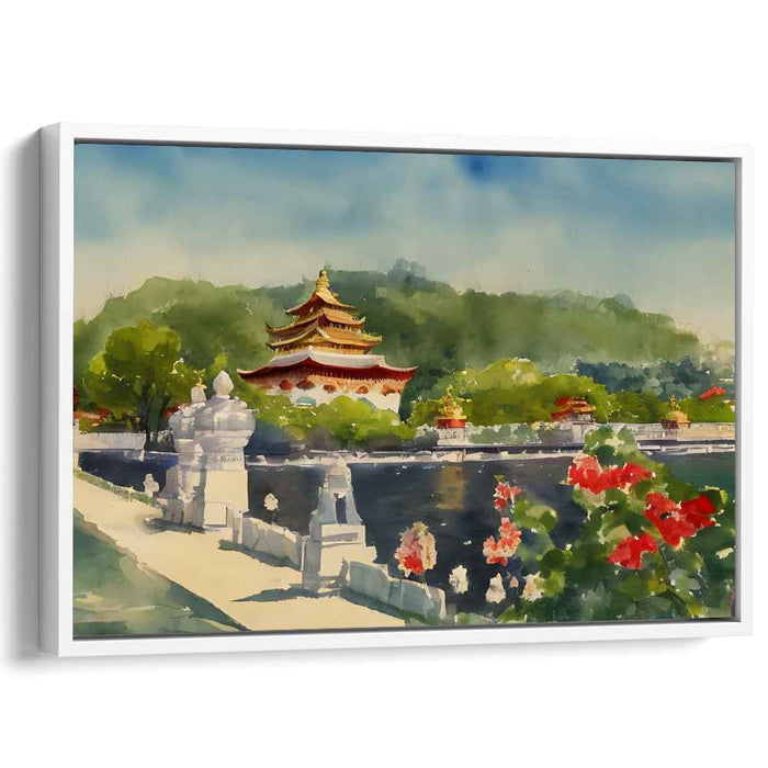 Silent Zen Gardens: Traditional Eastern Temple amidst Lush Landscapes Watercolor Art