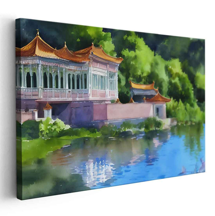 Tranquil Temple Reflections: Serene Asian Landscape Watercolor Art