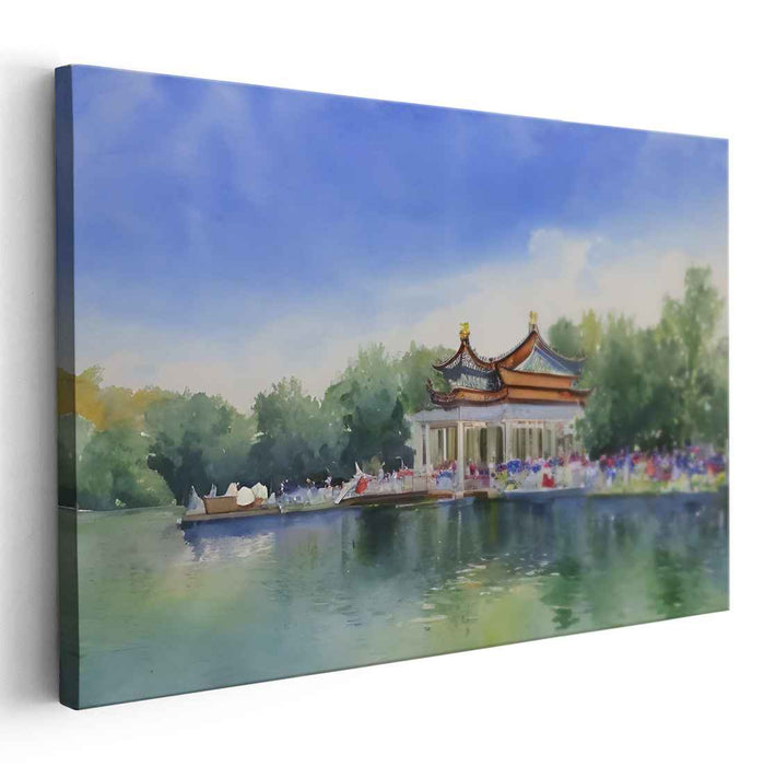 Drifting Lotus Pond Essence: Serene Chinese Pavilion Watercolor Painting