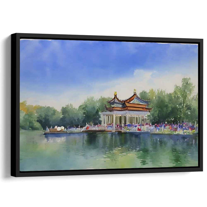 Drifting Lotus Pond Essence: Serene Chinese Pavilion Watercolor Painting