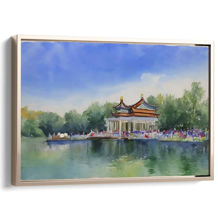 Drifting Lotus Pond Essence: Serene Chinese Pavilion Watercolor Painting