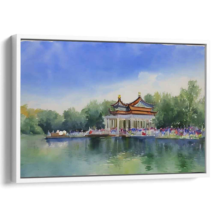 Drifting Lotus Pond Essence: Serene Chinese Pavilion Watercolor Painting