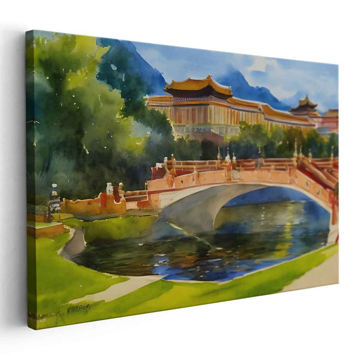 Ink Temple Serenity: Watercolor Chinese Temple Landscape Canvas Art Print