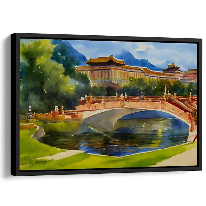 Ink Temple Serenity: Watercolor Chinese Temple Landscape Canvas Art Print