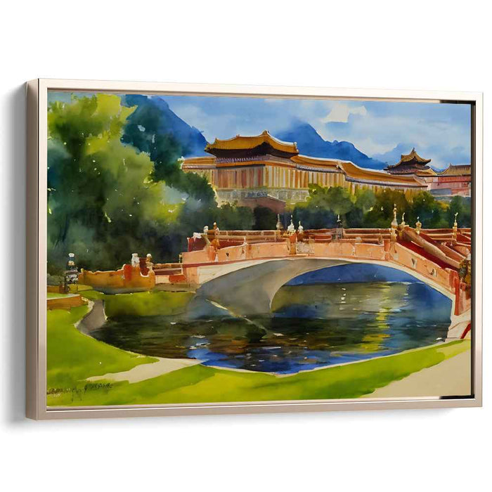 Ink Temple Serenity: Watercolor Chinese Temple Landscape Canvas Art Print