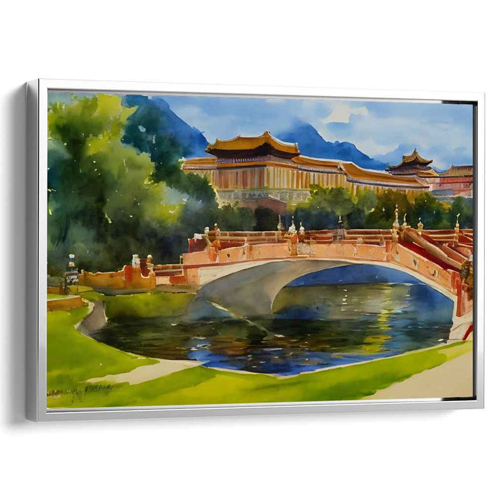 Ink Temple Serenity: Watercolor Chinese Temple Landscape Canvas Art Print