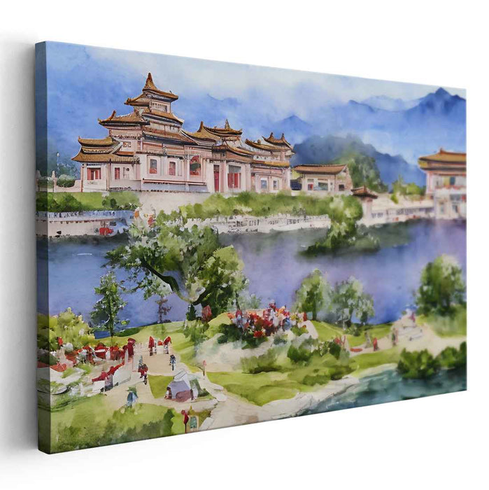 Tranquil Palace: Serene East Asian Watercolor Landscape
